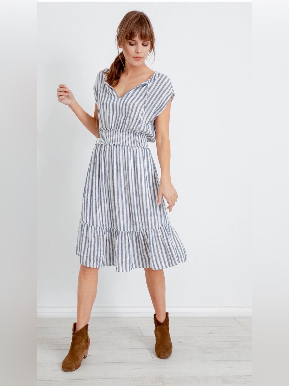 Rails Ashlyn Midi Dress Rio Stripe Linen Blend Metallic Smocked-S- MSRP $188+